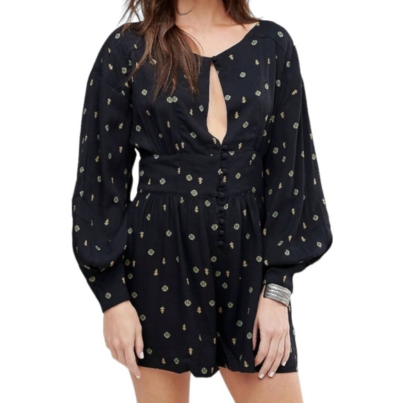 FREE PEOPLE Love Grows Romper Print Long Sleeve Leggy Short, Black Combo, XS - Picture 2 of 10